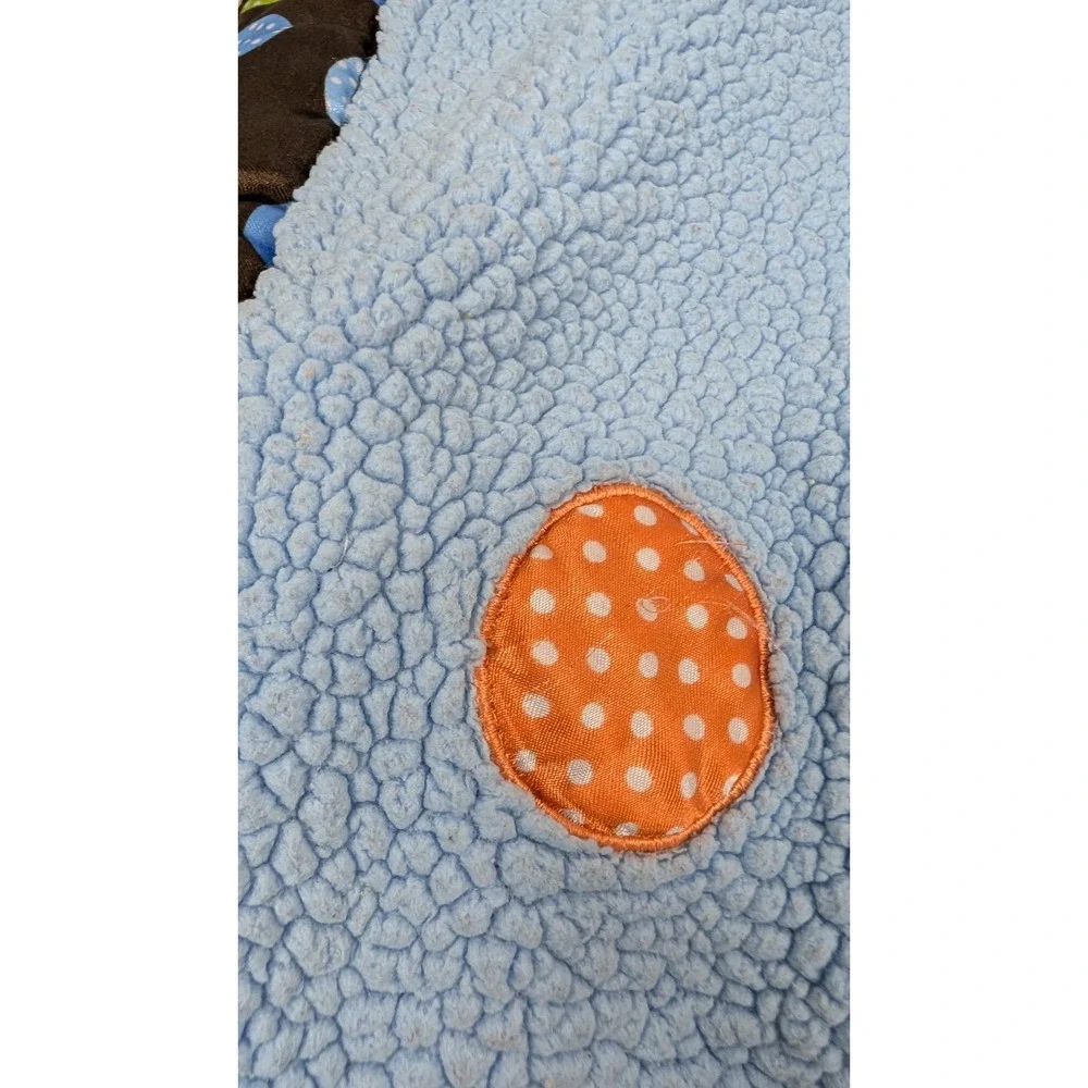Baby boom Baby Blanket Blue Sherpa Fleece Brown Polka Dot Satin Trim USED